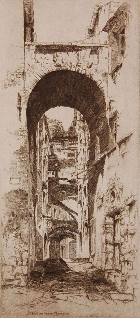JOHN TAYLOR ARMS (1887-1953) PENCIL SIGNED ETCHING: Titled 'Street in Porto Maurizio' in the plate, signed and dated 1928 in the lower right. Plate measures 11.25 x 4.25, sheet size 13.25 x 6 inches.