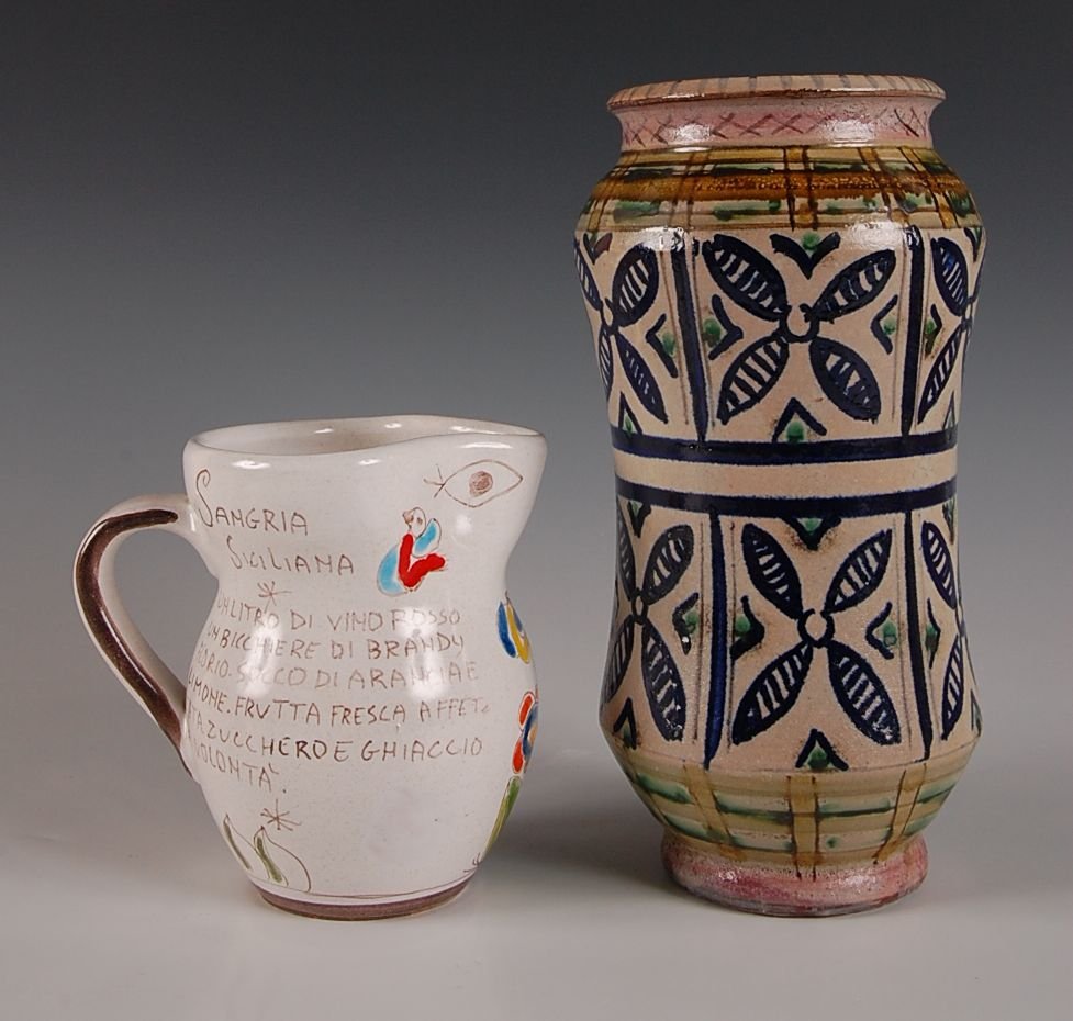 ITALIAN POTTERY PITCHER, PLUS UNMARKED TERRA-COTTA VASE: Wine themed Italian pitcher, signed 'D. Simone, Italy, 03,' measures 5 inches. Plus terra-cotta vase, unmarked, measures 9 inches.