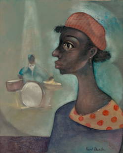 KARL PRIEBE (1914-1976) EXHIBITED WATERCOLOR W/GOUACHE: Karl Priebe (1914-1976) Untitled (Woman of Jazz) Mid 20th Century The luminous, mixed-media work displaying interesting textures and shading in soft but saturated colors is signed lower right