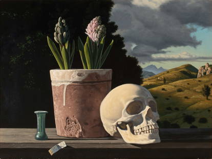 DAVID LEGARE (B. 1945) REALISM OIL ON CANVAS: David Legare (Born 1945) Still Life with Skull & Hyacinths 1987 The skillfully executed work of Classical realism depicting the ''to be'' of fresh hyacinths with the ''not to be'' of a human skull is