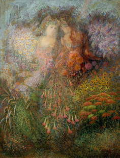 MALKHAZ DEKANOIDZE (BORN 1956) ACRYLIC ON CANVAS: Malkhaz Dekanoidze (Georgian Born 1956) Early 21st Century The ethereal, dreamlike canvas with the suggestion of female figures emerging from a highly detailed, riotous and fantastical garden is