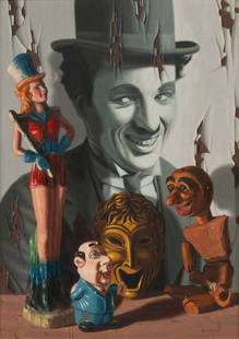 BOB BYERLEY (1941-2019) MAGIC REALISM & TROMPE L'OEIL: Robert Byerley (Missouri, 1941-2019) 1974 The classic Byerley work of precisely rendered realism and illusion created in trompe l'oeil technique is signed and dated lower right front. Panel size 9
