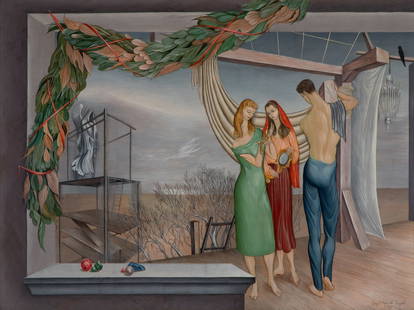 HAZEL JANICKI TEYRAL (1918-1976) MAGIC REALISM TEMPERA: Hazel Janicki Teyral (American, 1918-1976) Untitled Tableau of Magic Realism 1948 The pageant of expressive figures and allegorical elements in a theatrical scene of magic realism is signed lower