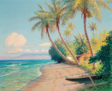 DAVID HOWARD HITCHCOCK (1861-1943) OIL ON CANVAS: David Howard Hitchcock (1861-1943) Lahaina Beach 1928 This exceptionally fine example of Hitchcock's work skillfully projects the light and brilliance and atmosphere of a Hawaiian coast in full sun. T