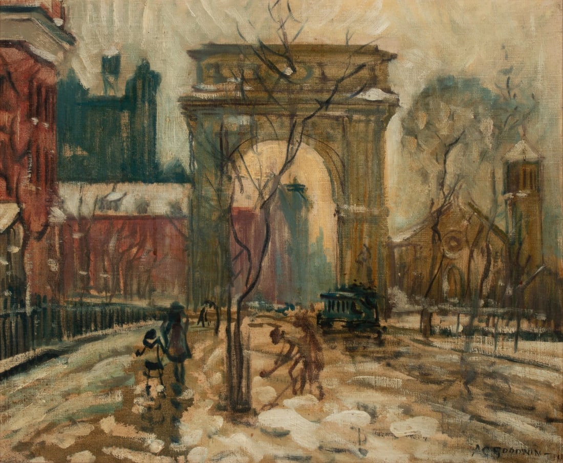 ARTHUR CLIFTON GOODWIN (1864-1929) WASHINGTON SQUARE: Arthur Clifton Goodwin (1864-1929) Wash Arch 5th Ave Circa 1920 The oil on canvas depiction of Washington Square is signed lower right front and titled verso. The Washington Square Arch located on Fif