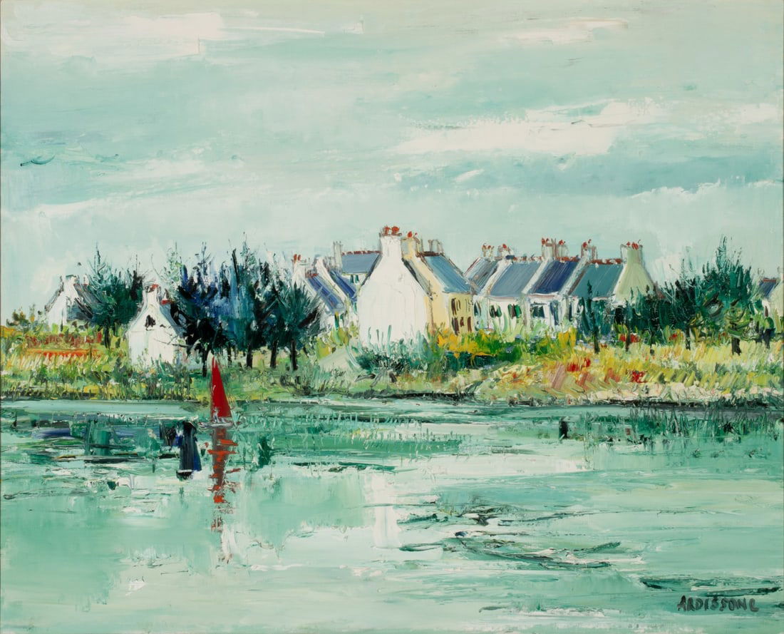 YOLANDE ARDISSONE (FRENCH 1927-2024) OIL ON CANVAS: Yolande Ardissone (1927-2024) Le Guilvinec Third quarter of the 20th century. The view of French coast is signed lower right. Canvas measures 27.5 x 34 with a framed size of 33.5H x 40W inches. Withou