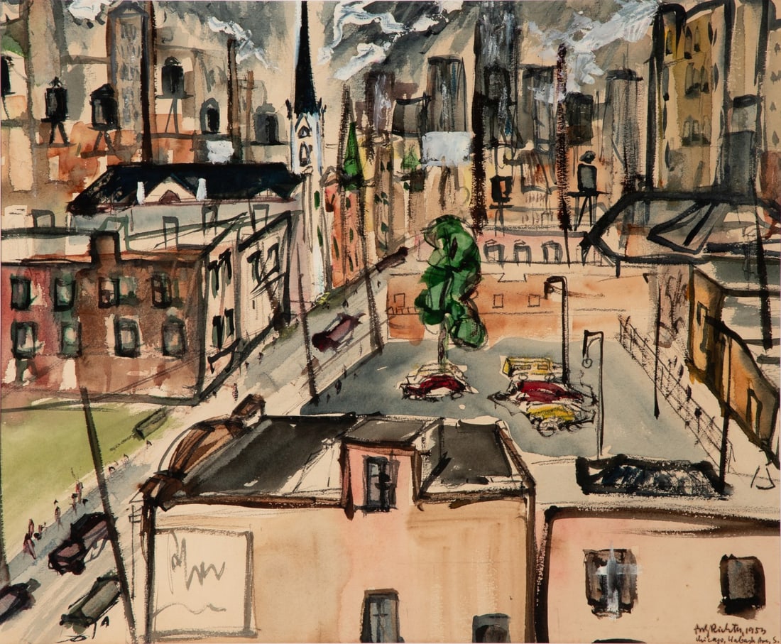 FRITZ RICHTER (20TH C.) WATERCOLOR, CHICAGO 1953 (1 of 9)