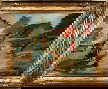 EARLY 20TH CENTURY AMERICAN SCHOOL OIL SIGNED GREENE: Second quarter of the 20th Century. Thre genre scene in a fantastic custom frame is signed GREENE lower right and verso on the canvas. No other definitive information is available. Canvas measures 22.