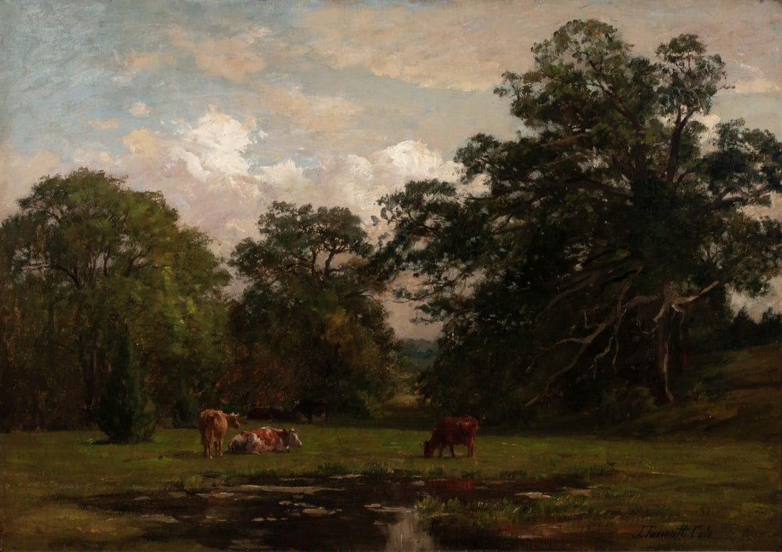 JOSEPH FOXCROFT COLE (1837-1892) OIL ON CANVAS: Joseph Foxcroft Cole (1837-1892) American Pastoral Late 19th Century The view of cattle near a pool and wooded landscape is signed in black pigment lower right. Canvas measures 24 x 34 with a framed s