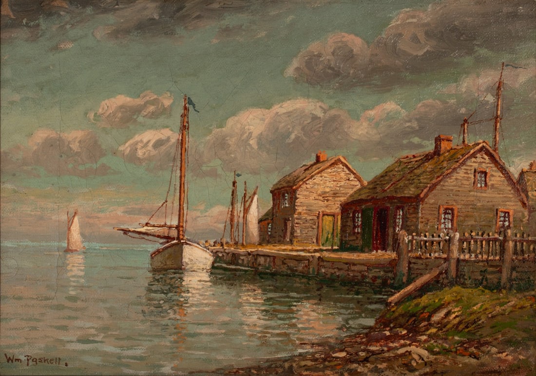 WILLIAM PASKELL (1866-1951) GLOUCESTER OIL ON CANVAS: William Frederick Paskell (1866-1951) Untitled (Harbor Scene) Circa 1930 The placid New England harbor view of a masted ship in port is signed lower left. The protected harbor, larger ship and shake s