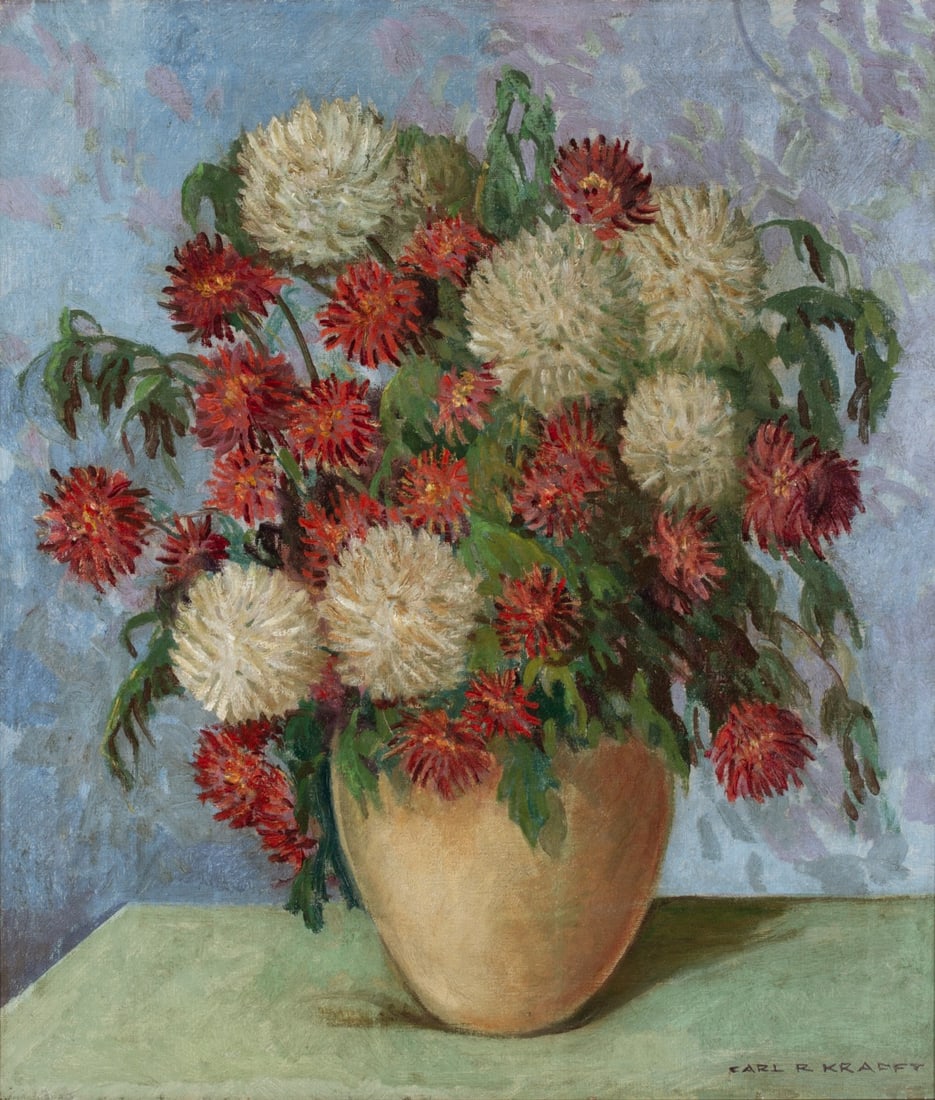 CARL KRAFFT (1884-1938) OIL ON CANVAS BOARD: Carl Rudolph Krafft (1884-1938) Autumn Bouquet 1936 The oil on canvas is signed lower right front and has an original label verso. The label lists numerous respected affiliations: A distinguished memb