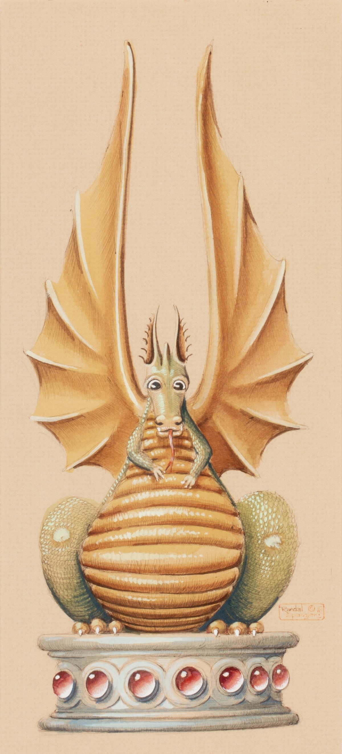 RANDAL SPANGLER (B. 1952) WATERCOLOR: Randal Spangler (Kansas City, Born 1952) Winged Dragon Signed lower right. Image measures 13 x 5 with a framed size of 21.25H x 12.5W inches. Without proof of exemption, be aware that internet sales t