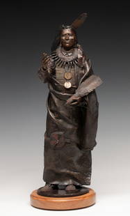 ORELAND JOE (B. 1958) PATINATED AND POLYCHROME BRONZE: Oreland C. Joe (Born 1958) Chief Standing Bear 1995 The figure of Chief Standing Bear, a Ponca tribal leader, is signed in the casting, numbered 92 from an edition of 100 and bears the founder's mark.