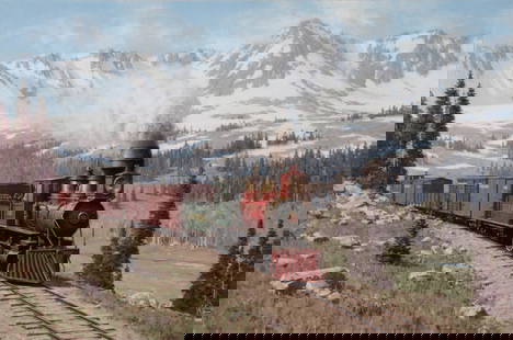 TUCKER SMITH (B. 1940) COLORADO RAILROAD OIL ON CANVAS: Tucker Smith (Born 1940) Colorado Narrow Gauge - Denver, South Park, & Pacific R.R. 1988 The historically accurate work of Western realism is displayed in the original America West frame and signed lo