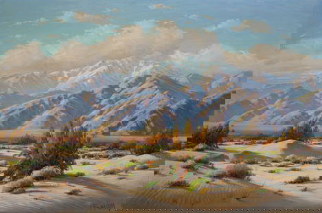 PAUL GRIMM (CALIFORNIA (1891-1974) OIL ON CANVAS: Paul Grimm (1891-1974) Desert Theme Second quarter of the 20th Century. The landscape of purple mountains and desert is signed lower right front and displayed in a custom hand carved frame with finish