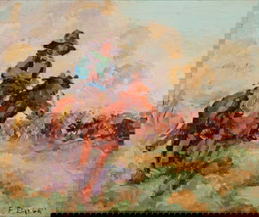 FRED DARGE (1900-1978) OIL ON PANEL: Fred Darge (Texas, 1900-1978) Untitled Mid 20th Century The near miniature expressionist image of a cowboy on horseback working cattle is signed lower right. Fred Darge settled in Texas after his stud