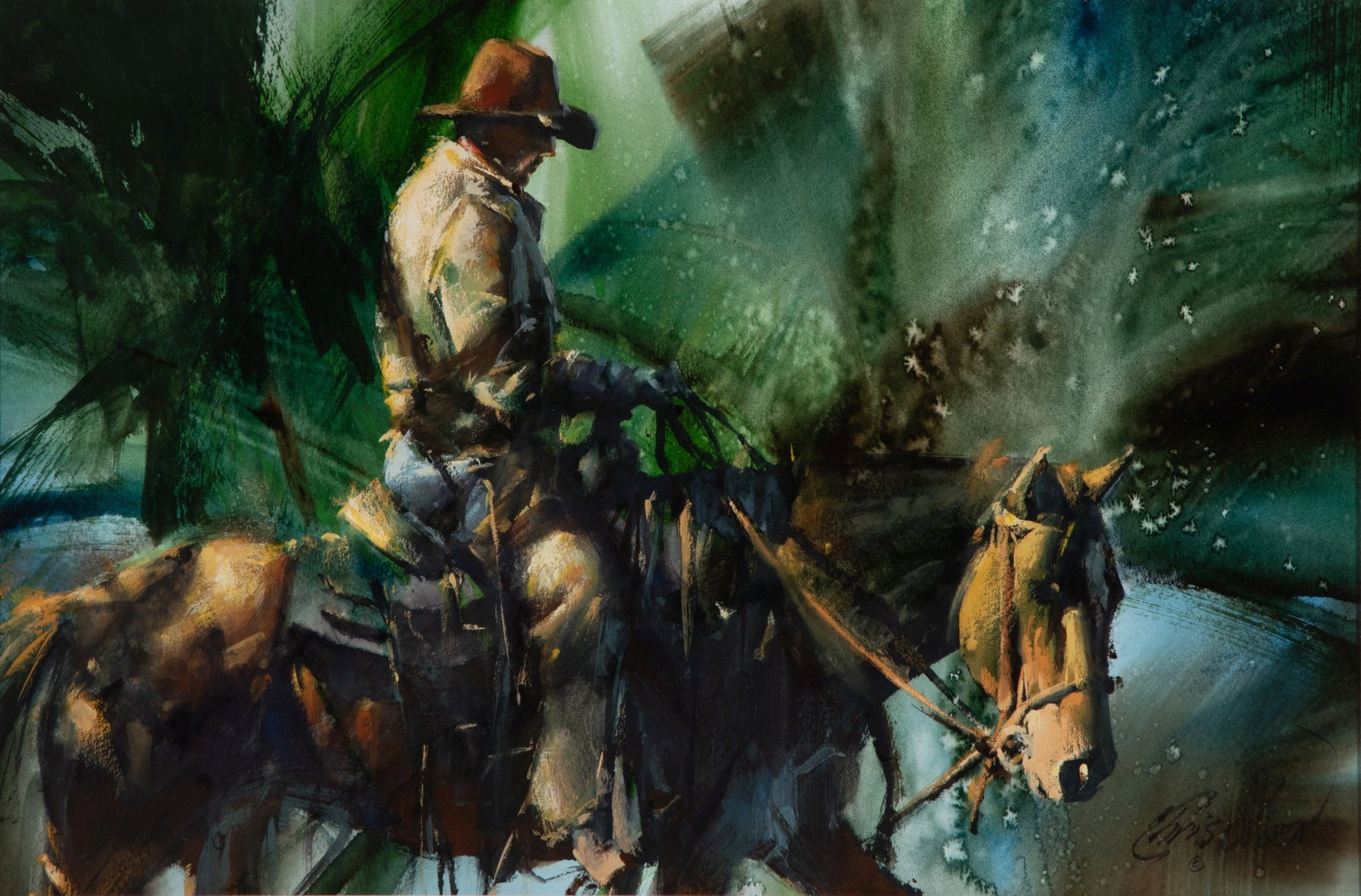 CHRIS OWEN (B. 1967) COWBOY ON HORSEBACK WATERCOLOR (1 of 12)