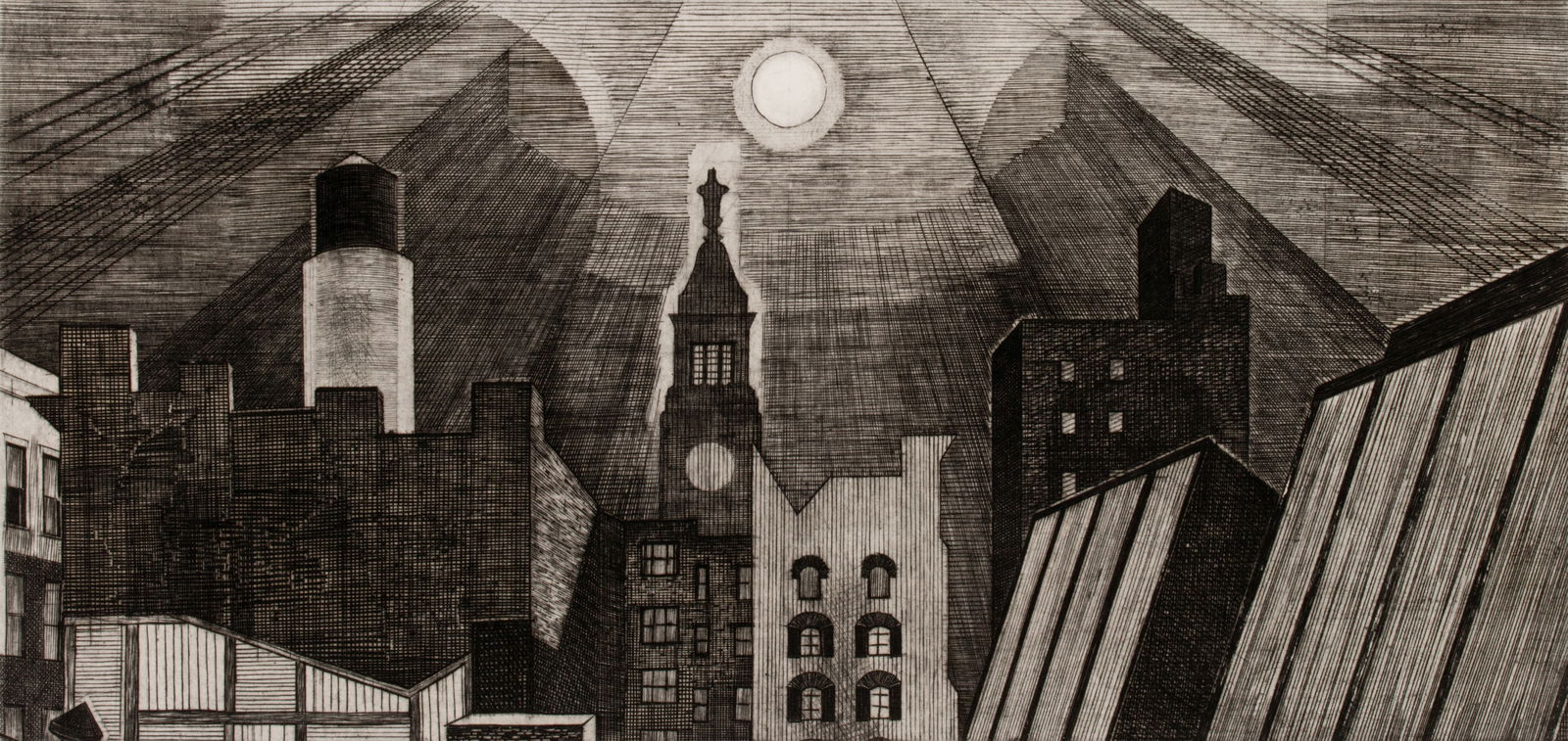 ARMIN LANDECK (1905-1984) PENCIL SIGNED DRYPOINT: Armin Landeck (1905-1984) Manhattan Rooftop in Moonlight 1980 The drypoint from an edition of 100 prints is signed by the artist in pencil below the image lower right and inscribed with the edition lo