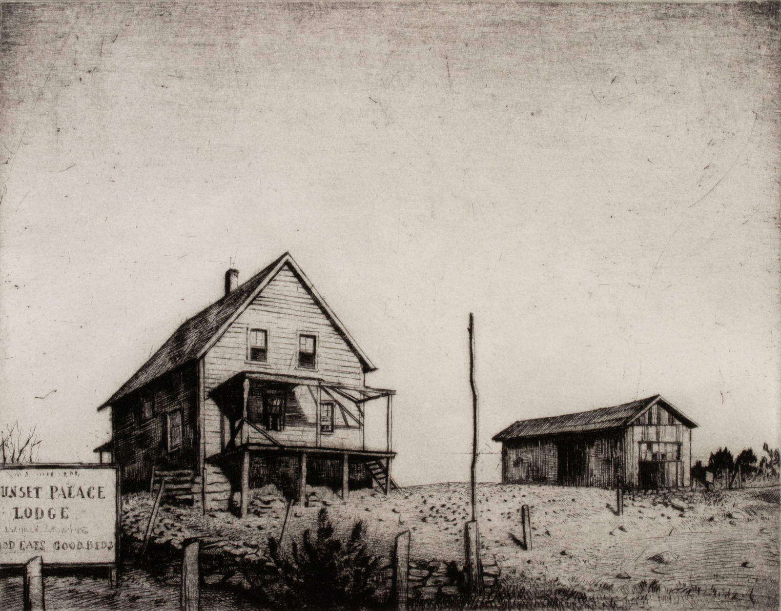 ARMIN LANDECK (1905-1984) PENCIL SIGNED ETCHING: Armin Landeck (1905-1984) Sunset Palace Lodge 1938 The etching from an edition of 100 prints is signed by the artist in pencil below the image lower right and titled within the image lower left. The p