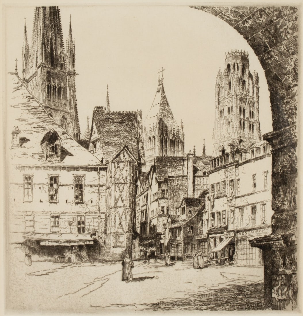JOHN TAYLOR ARMS (1887-1953) PENCIL SIGNED DRYPOINT: John Taylor Arms (1887-1953) Rouen 1925 The drypoint, from an edition of 150 prints, is signed and dated by the artist in pencil below the image lower right. Image measures 8.25 x 8, sheet is , and fr