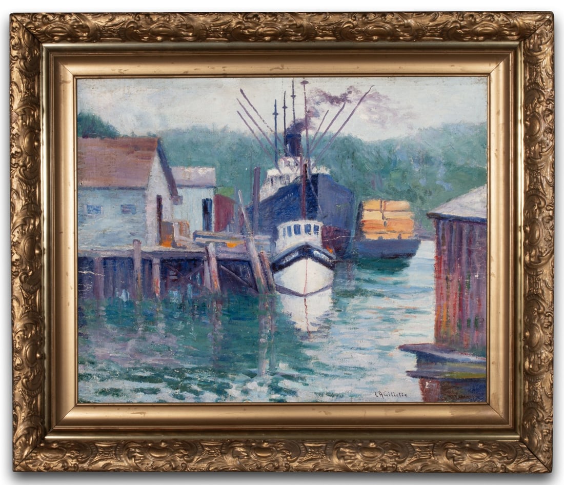 LESTER GILLETTE (1855-1940) OIL ON PANEL: Lester A. Gillette (1855-1940) Ships (Newport, Oregon) 1927 Signed lower right. Board measures 15.75 x 19.752 with a framed size of 22H x 25.75W x 2.5D inches. Without proof of exemption, be aware tha