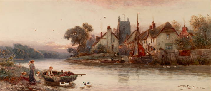 STUART LLOYD (1845-1959) WATERCOLOR DATED 1911: Walter Stuart Lloyd (1845-1959) Untitled 1911 The genre scene along a canal is signed and dated lower right. Sight size measures 11.25 x 26.5 with a framed size of 21.75H x 37.5W inches. Without proof
