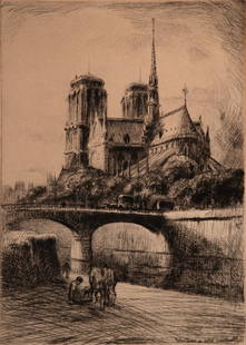 KERR EBY, JOS PENNELL, FRANK BRANGWYN SIGNED ETCHINGS: 1. FRANK MILTON ARMINGTON (CANADIAN, 1876-1941) NOTRE DAME AT SUNDOWN IN PARIS, 1926. 2. Refugees by Kerr Eby. 3. Andrew Fairbairn Affleck (1869-1935) - Etching Rouen Cathedral, France. 4. The Farmer