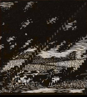 HERSCHEL LOGAN (1901-1987) TWO PENCIL SIGNED WOODCUTS: Herschel C. Logan (Kansas, 1901-1987) 1. In the Ozark Foothills (1923). The woodcut signed by the artist in pencil lower right and titled lower left. Sheet measures 5 x 6.5 inches. 2. Lone Elm (1925).