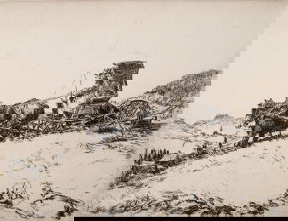 GEORGE WRIGHT (1872-1951) PENCIL SIGNED ETCHING: George Hand Wright (1872-1951) Back to Earth 1944 The etching published by Society of American Graphic Artists is signed by the artist in pencil below the image lower right. Image measures 9.25 x 12.2