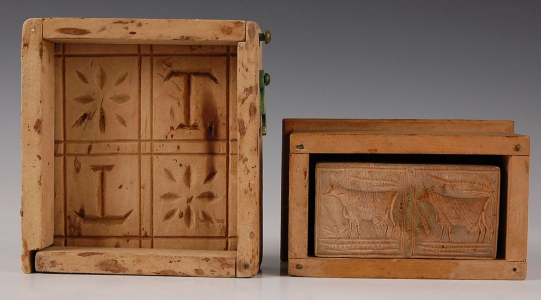 BLANCHARD BUTTER MOLD & RETANGULAR MOLD: Blanchard butter printer with brass hardware, box staved sides with metal pins, carved florals and initials 'T', measures 2.25 x 6 inches. Rectangular butter mold with carved cows, box joined sides wi