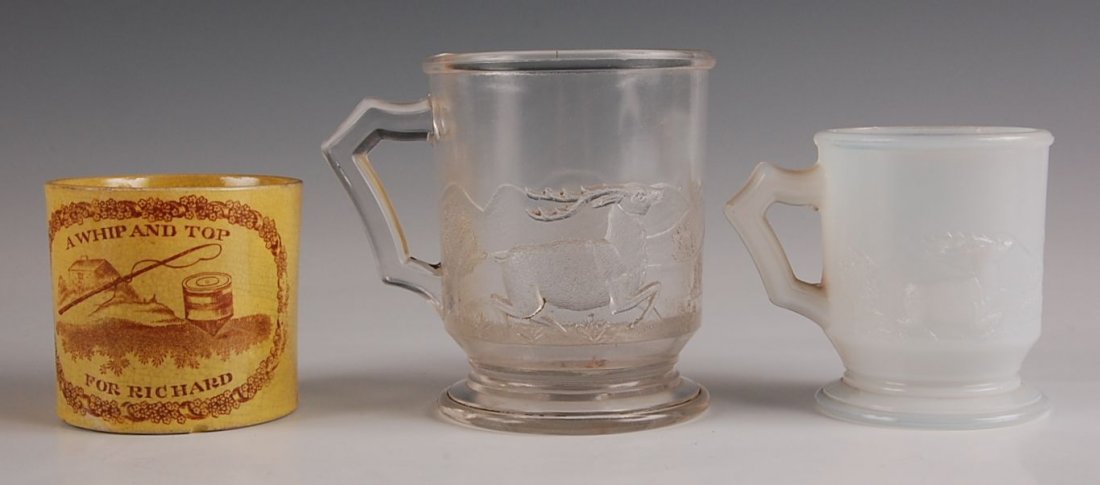 RARE WESTWARD HO MILK WHITE OPAQUE OPALESCENT CHILD'S M: Very good, no chips, cracks, repairs or heavy wear. Standard factory roughness very, very minor around the inside rim. Plus a Staffordshire child's cup with a chip and a clear Westward Ho child's cup 
