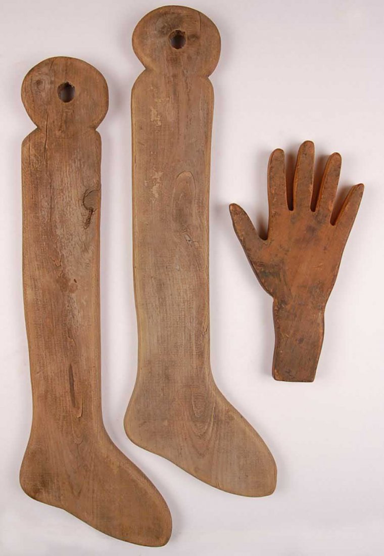 ANTIQUE PRIMITIVE WOOD GLOVE AND SOCK DRYERS: Measure 23 x 8 and 11 x 6 inches.