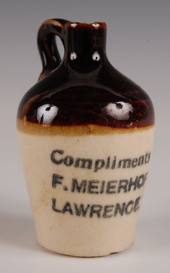LAWRENCE KANSAS ADVERTISING STONEWARE MINI JUG