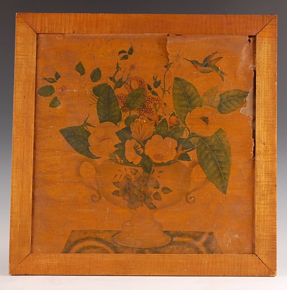 19TH C. THEOREM, AS FOUND, NICE TIGER MAPLE FRAME: Early theorem in poor condition measures 15.5 x 15.5 inches. Nice period Tiger Maple frame measures 18.5 x 18.5 inches.