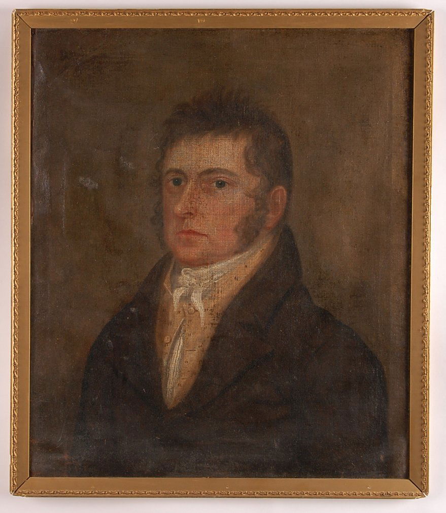 FINE PAIR EARLY AMERICAN PORTRAITS: Man and wife oil on canvas portraits, apparently unsigned, attributed to New England circa 1830, the canvas tacked to original thin mahogany stretchers notched and tacked at corners. Each measures 25.