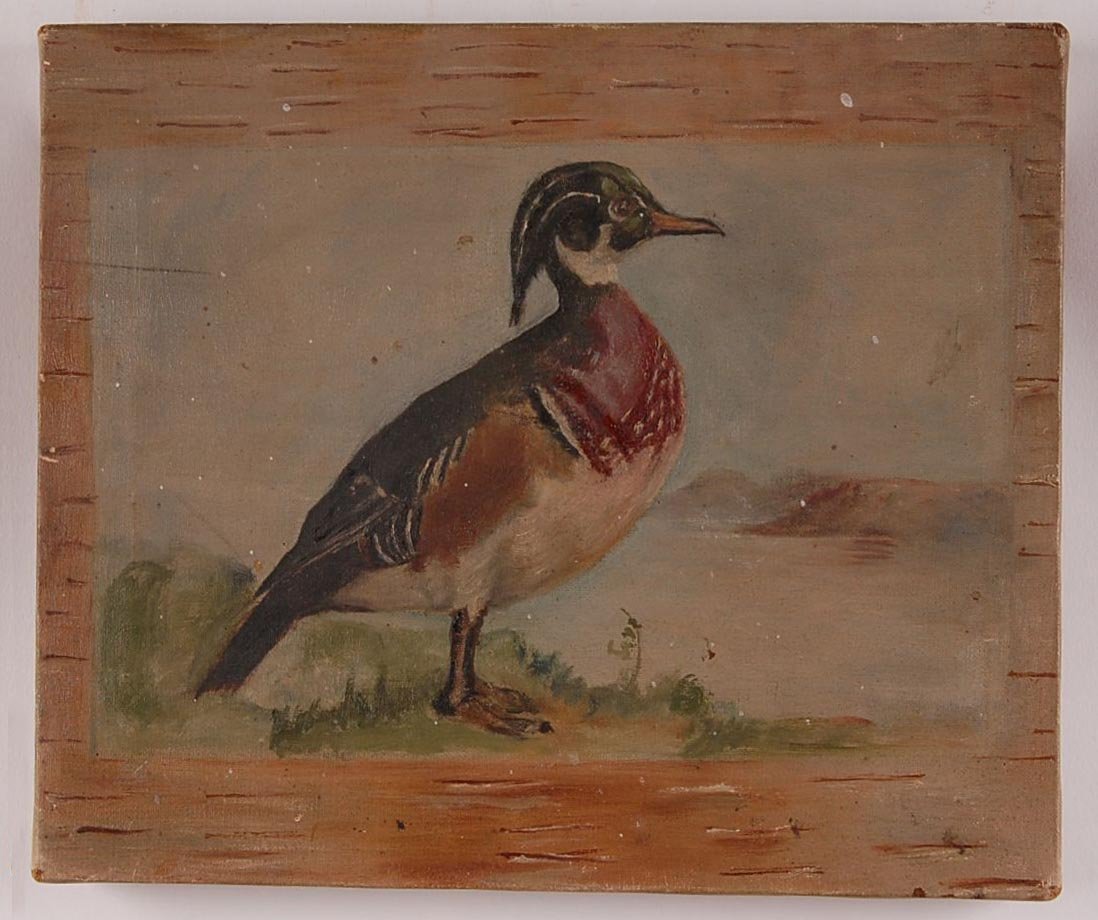 TWO PRIMITIVE OIL ON CANVAS PAINTINGS CIRCA 1890: White calf in a barn measures 12 x 18 inches. Wood Duck with faux painted birch bark border measures 9.25 x 11 inches.