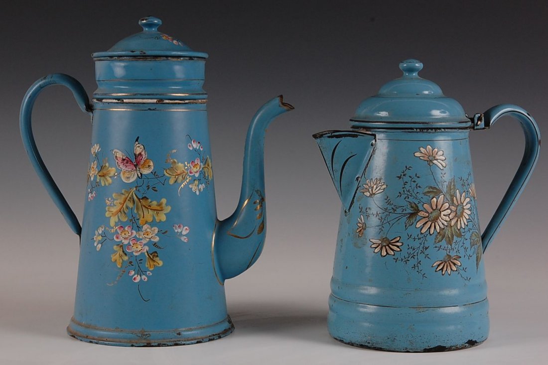 TWO PIECES OF BLUE GRANITE WARE WITH ENAMEL DECORATION: Coffee pot with goose neck spout measures 10 x 9", and 9.75 inch example as well