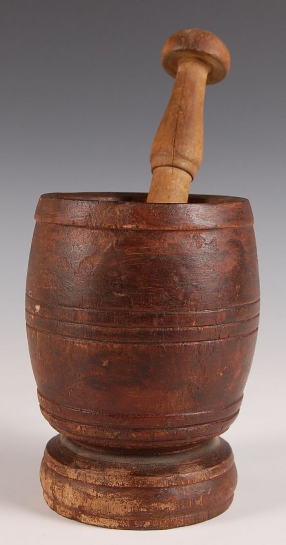 19TH C. WOOD MORTAR IN OLD RED STAIN: Mortar measures 7 x 4.5".