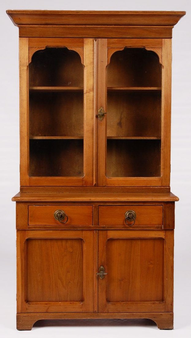 CHILD'S SIZE STEP BACK CUPBOARD CIRCA 1875: Professional cabinet shop for factory made piece that measures 46 inches high by 23 inches wide and 12 inches deep at the base. Maple or some similar clear grain wood.