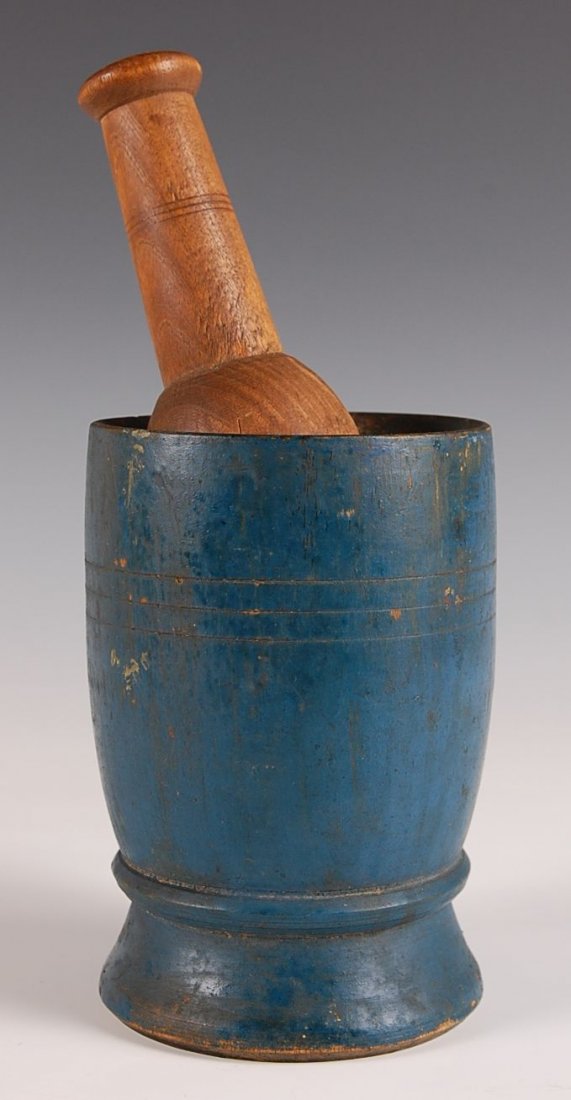 19TH C. MORTAR AND PESTLE IN OLD BLUE PAINT: A 6 x 4" mortar in old blue paint