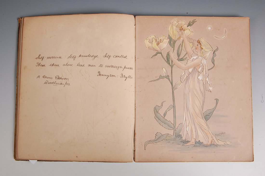 ANTIQUE ALBUM WITH ORIGINAL COLOR ILLUSTRATIONS: Dated 1890-1893 album for Lily Wilton with original color illustrations, pen and ink drawings, music, puzzles, poems and more. Black leather cover with scuffs and a small tear, measures 6 x 8 inches.