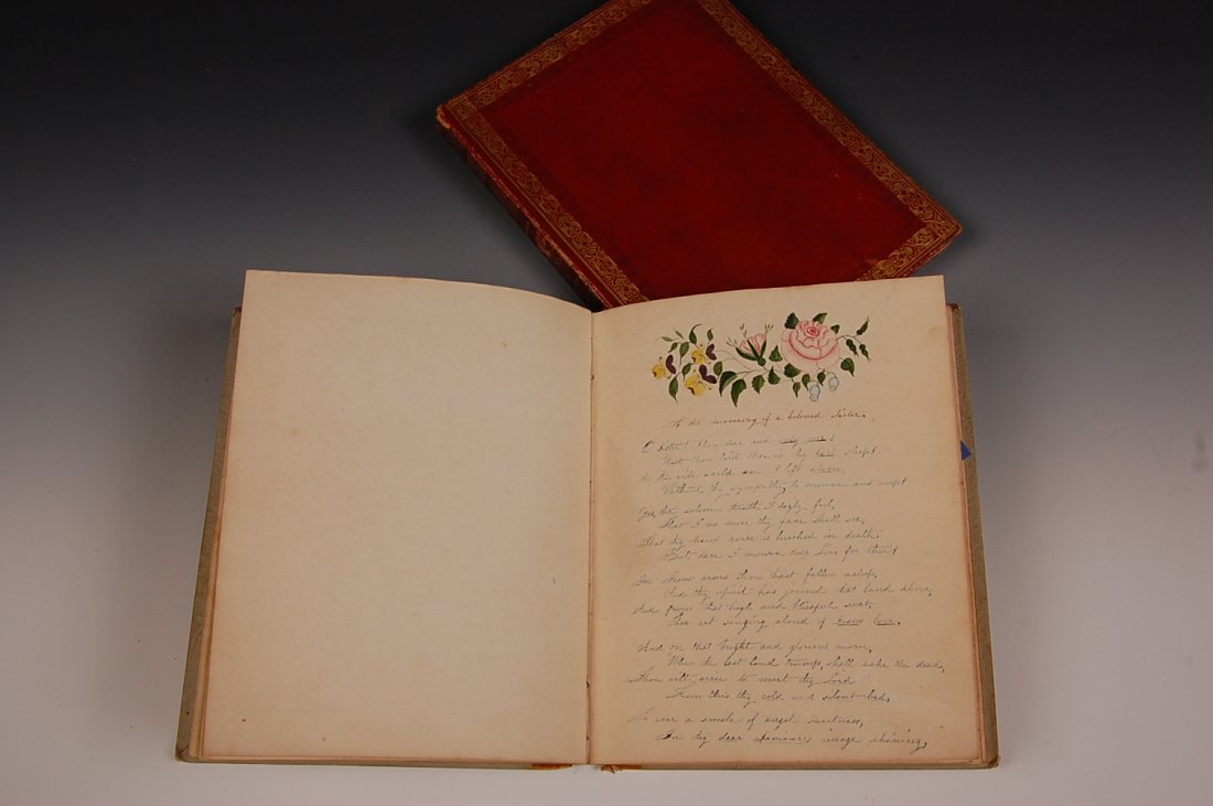 TWO 1833 ANTIQUE AUTOGRAPH ALBUMS: Dated 1833-1841 album for Emeline Tenney of Greenwich, Mass. with small hair wreaths, color illustrations, charcoal castle, poems, autographs, etc., gray embossed cardboard cover with gold leather spi