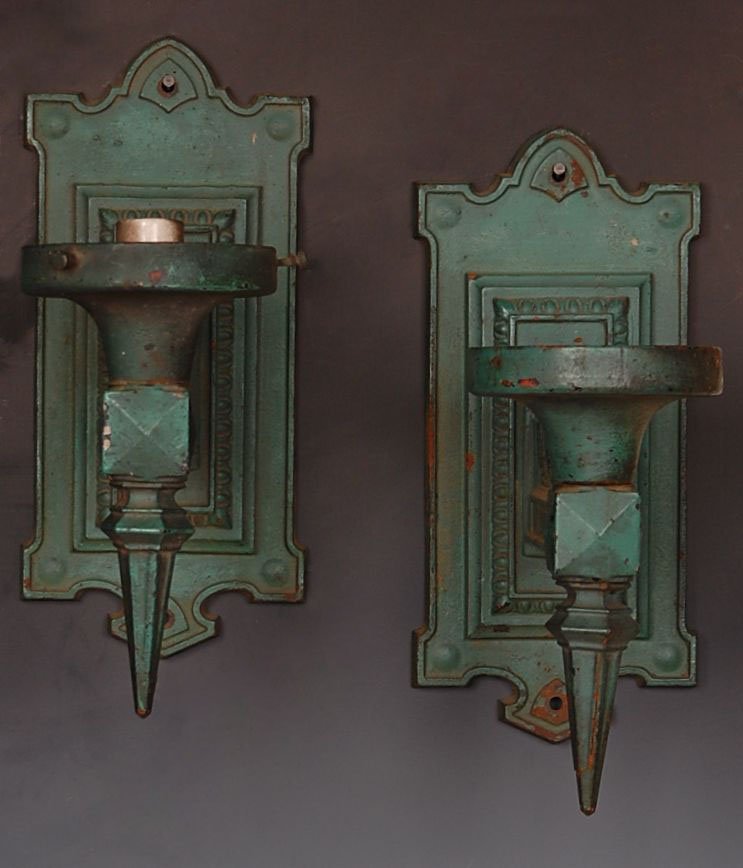 TWO RAILROAD WALL MOUNT LIGHT FIXTURES: Green painted cast iron, electrified, measure approximately 15.25 x 6.75 x 12 inches each. Show wear and paint loss.
