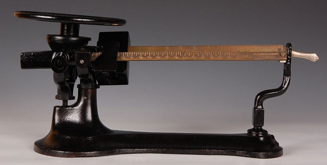 AMERICAN RAILWAY EXPRESS TRIPLE BEAM SCALE: Marked 'American Railway Express,' by Jacobs Bros, NY. Measures 9 x 21 x 7.5 inches.