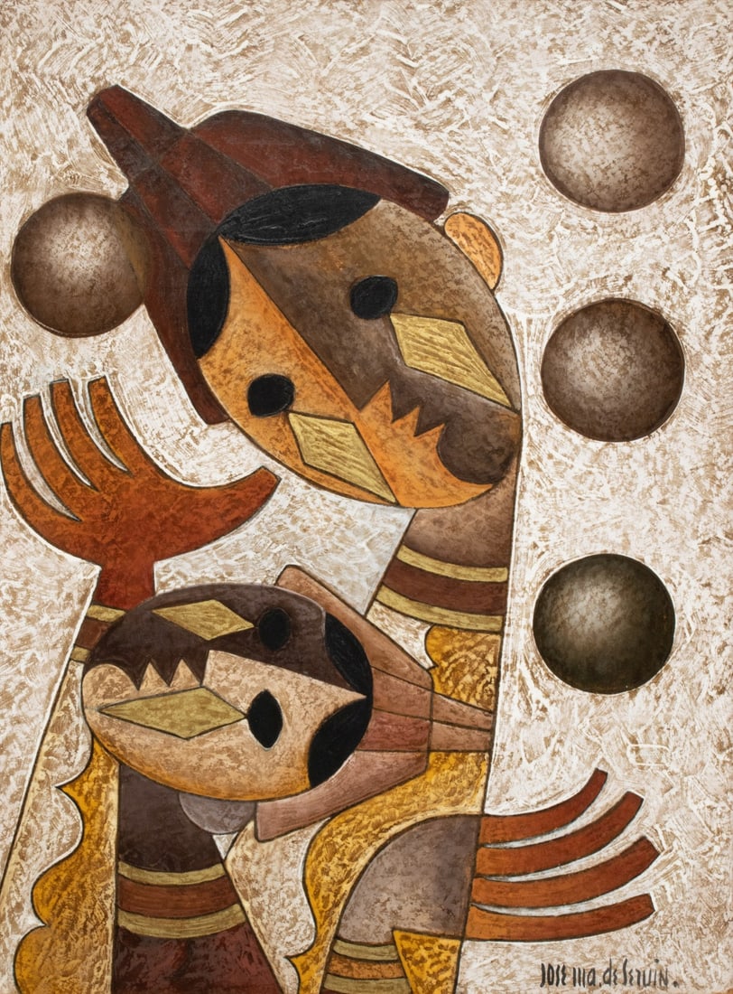 JOSE MARIA DE SERVIN (1917-1983) OIL ON BOARD: Jose Maria De Servin (1917-1983) The abstracted portrait of mother and child with floating orbs is signed lower right. Jose Maria de Servin was born in 1917 in Michigan and relocated with his family t