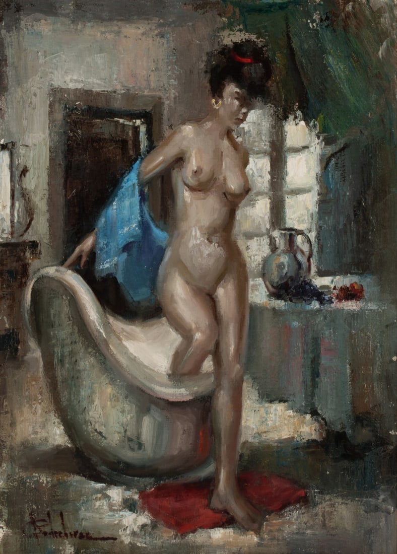 JOHN PODREBARAC (1938-2006) OIL ON MASONITE: John Carl Podrebarac (Kansas City, 1938-2006) The interior scene of a young woman, and her vanity, is signed lower left front. John Podrebarac attended the Kansas City Art Institute where he developed
