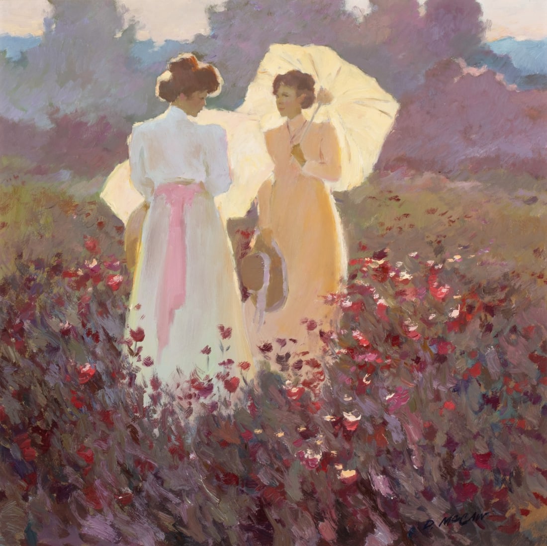 DAN McCAW (B. 1942) LUMINOUS FIELD OF FLOWERS O/C: Dan McCaw (Born 1942) Untitled (Sunlight and Poppies) Late 20th Century The classic impressionist composition of a violet-hued treeline and sunlit field of flowers is completely elevated by the brilli