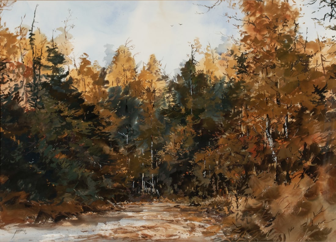 MICHAEL SCHOFIELD (BORN 1947) PAINTING ON PAPER: Michael Schofield (Born 1947) Country Road in the Canyon 1980 Signed and dated lower left, titled verso with a label. Sight size measures 25 x 35 with a framed size of 34.5 x 44.5 inches. Without proo