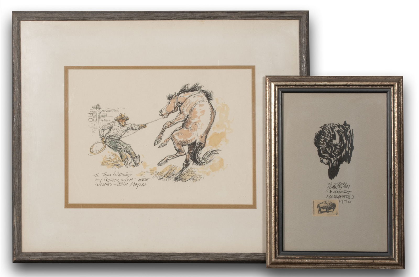 BILL MOYERS AND ROBERT LOUGHEED WESTERN ART - TWO WORKS: 1. Robert Elmer Lougheed (1910-1982) Untitled (1970). Buffalo Head pen and ink drawing with postage stamp. Signed lower right with dedication ''To Tom Watson, Robert Lougheed.'' Image measures 3.5 x 2