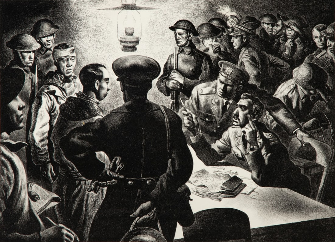 CHARLES BANKS WILSON (1918-2013) WWII SUBJECT LITHO: Charles Banks Wilson (1918-2013) Inquest 1942 Signed and dated lower right, the title under the image here differs from that in Hunt's catalog raisonne of Wilson's prints where the edition is identifi